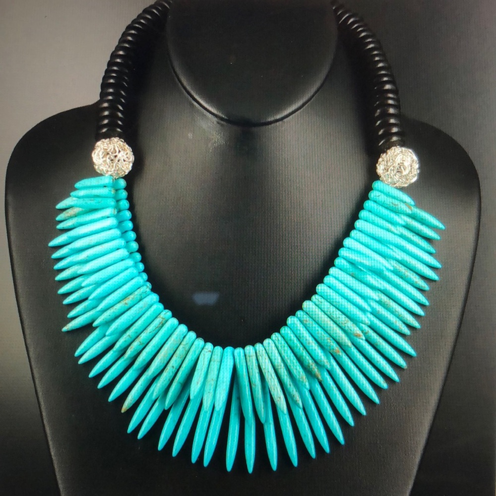 #0149 Turquoise & Wood fringe necklace w/sterling clasp